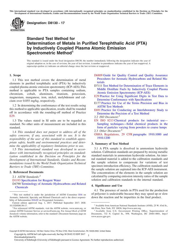 ASTM D8130-17 Standard Test Method for Determination of Metals in Purified Terephthalic Acid (PTA) by Inductively Coupled Plasma