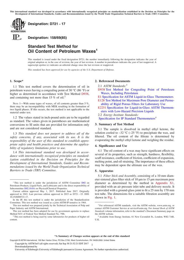 ASTM D721-17 Standard Test Method for Oil Content of Petroleum Waxe