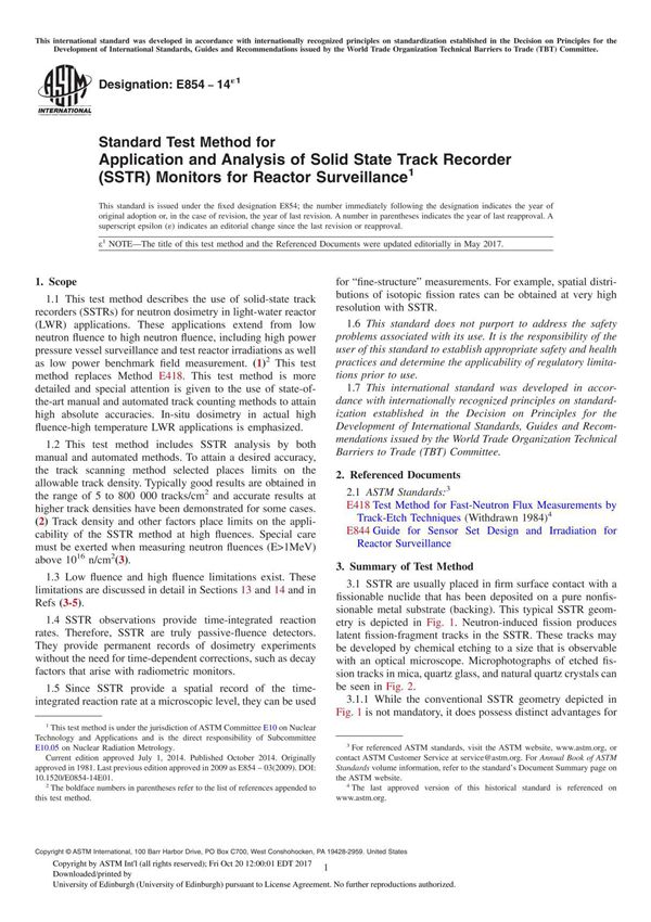 ASTM E854-14e1 Standard Test Method for Application and Analysis of Solid State Track Recorder (SSTR) Monitors for Reactor Surve