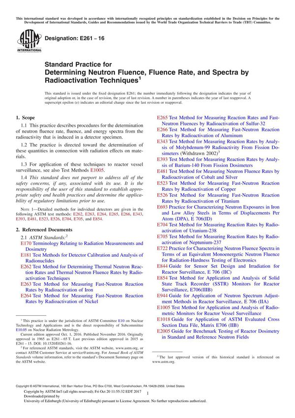 ASTM E261-16 Standard Practice for Determining Neutron Fluence, Fluence Rate, and Spectra by Radioactivation Technique