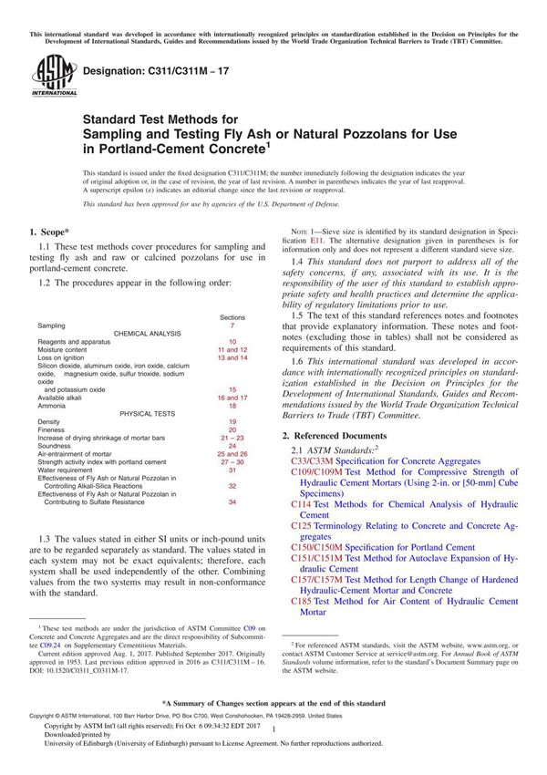 ASTM C311 C311M-17 Standard Test Methods for Sampling and Testing Fly Ash or Natural Pozzolans for Use in Portland-Cement Concre