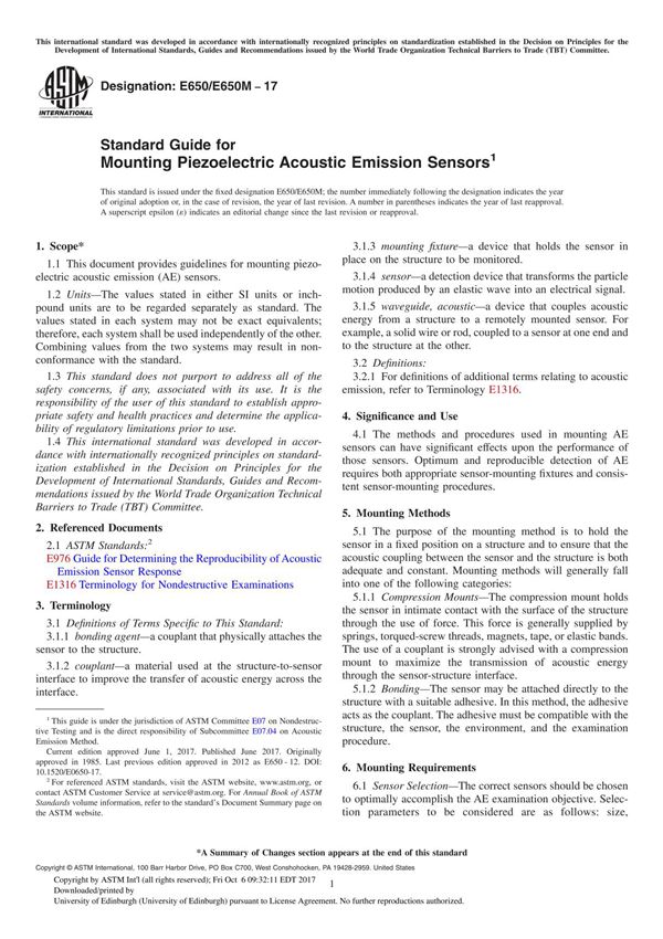 ASTM E650 E650M-17 Standard Guide for Mounting Piezoelectric Acoustic Emission Sensor