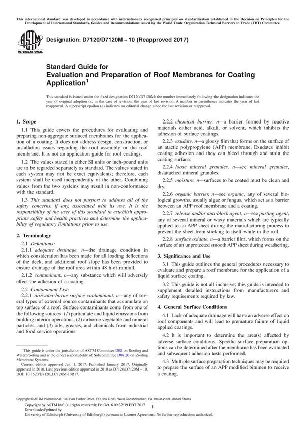 ASTM D7120 D7120M-10(2017) Standard Guide for Evaluation and Preparation of Roof Membranes for Coating Application