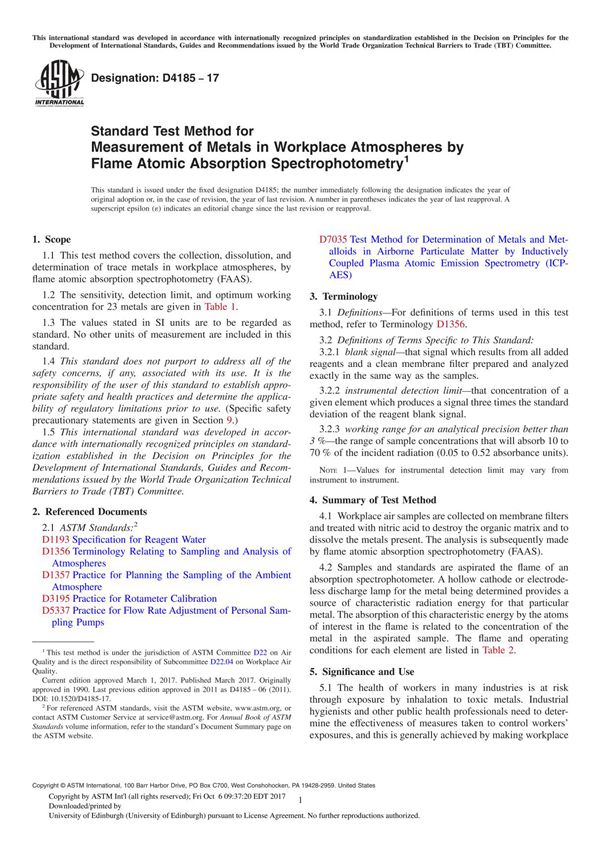 ASTM D4185-17 Standard Test Method for Measurement of Metals in Workplace Atmospheres by Flame Atomic Absorption Spectrophotomet