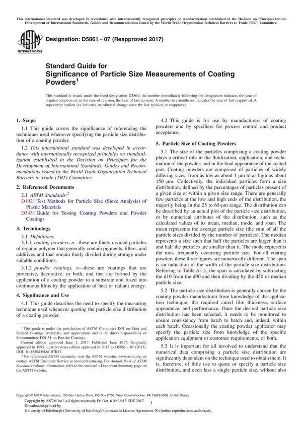 ASTM D5861-07(2017) Standard Guide for Significance of Particle Size Measurements of Coating Powder