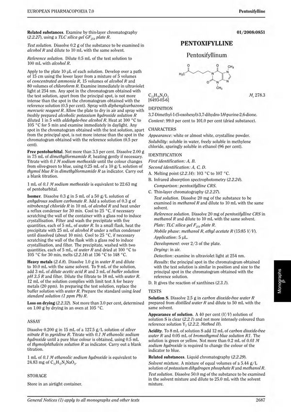 欧洲药典英文版European Pharmacopoeia EP 7.0 Pentoxifylline药品标准规格