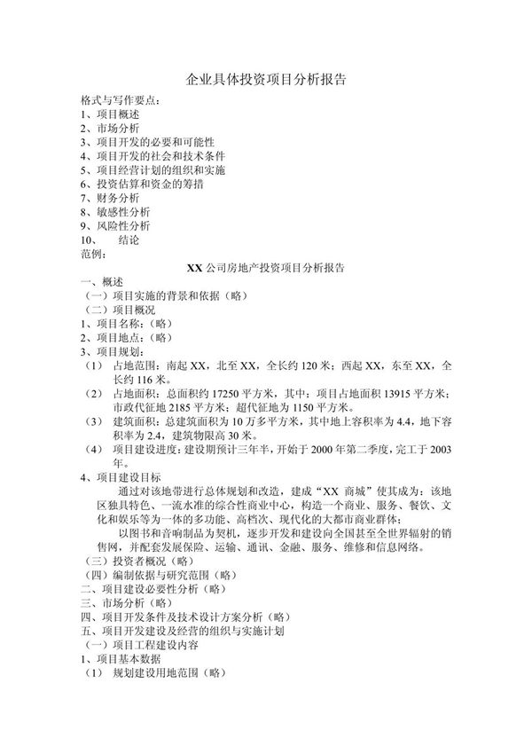 企业具体投资项目分析报告