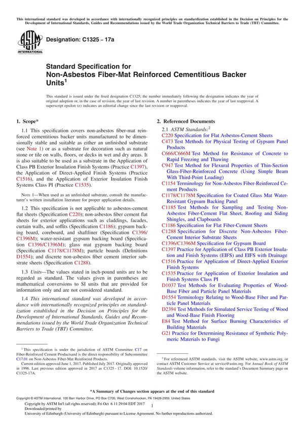 ASTM C1325-17a Standard Specification for Non-Asbestos Fiber-Mat Reinforced Cementitious Backer Unit