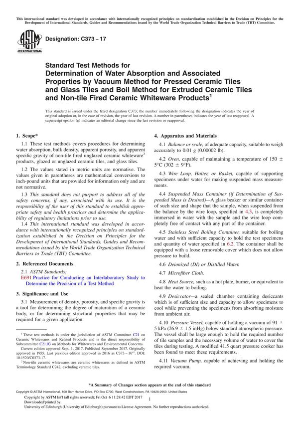ASTM C373-17 Standard Test Methods for Determination of Water Absorption and Associated Properties by Vacuum Method for Pressed
