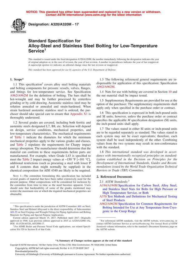 ASTM A320 A320M - 17 Standard Specification for Alloy-Steel and Stainless Steel Bolting for Low-Temperature Service