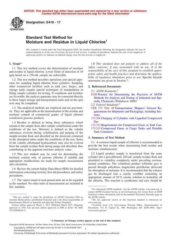 ASTM E410 - 17 Standard Test Method for Moisture and Residue in Liquid Chlorine