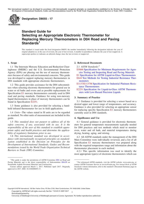 ASTM D8055-17 Standard Guide for Selecting an Appropriate Electronic Thermometer for Replacing Mercury Thermometers in D04 Road