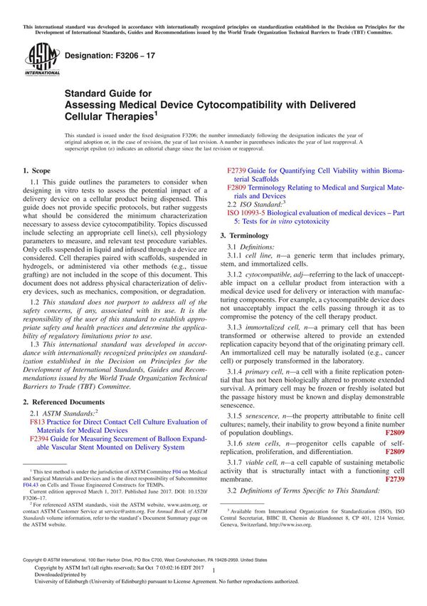 ASTM F3206-17 Standard Guide for Assessing Medical Device Cytocompatibility with Delivered Cellular Therapie