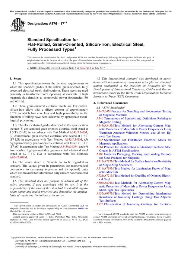 ASTM A876-17e1 Standard Specification for Flat-Rolled, Grain-Oriented, Silicon-Iron, Electrical Steel, Fully Processed Type