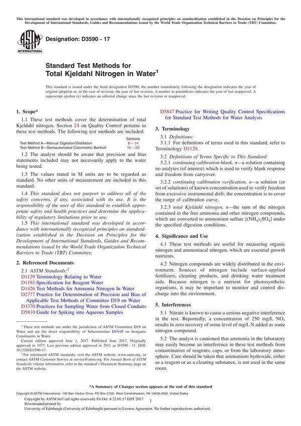 ASTM D3590-17 Standard Test Methods for Total Kjeldahl Nitrogen in Water