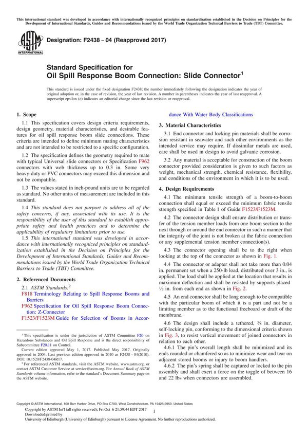 ASTM F2438-04(2017) Standard Specification for Oil Spill Response Boom Connection Slide Connector