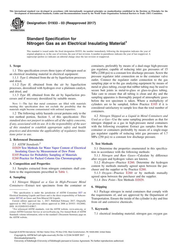 ASTM D1933-03(2017) Standard Specification for Nitrogen Gas as an Electrical Insulating Material