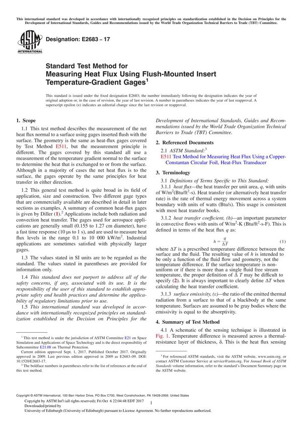 ASTM E2683-17 Standard Test Method for Measuring Heat Flux Using Flush-Mounted Insert Temperature-Gradient Gage