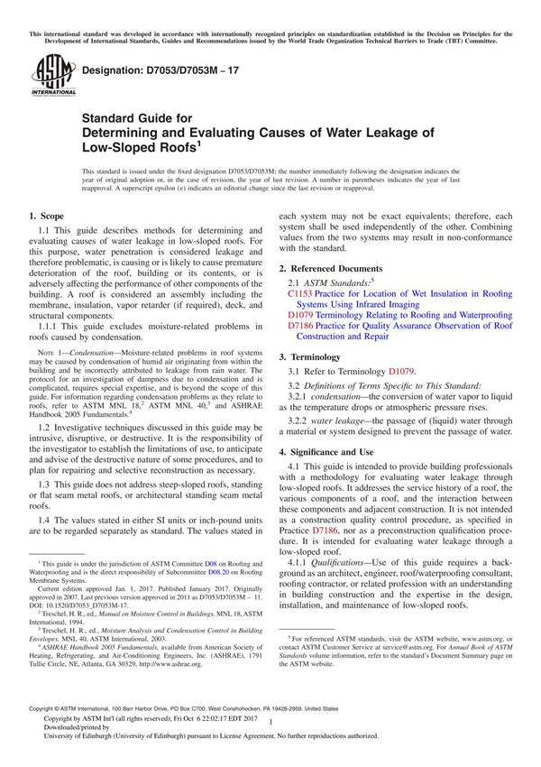 ASTM D7053 D7053M-17 Standard Guide for Determining and Evaluating Causes of Water Leakage of Low-Sloped Roof