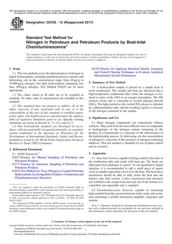 ASTM D5762-12(2017) Standard Test Method for Nitrogen in Petroleum and Petroleum Products by Boat-Inlet Chemiluminescence
