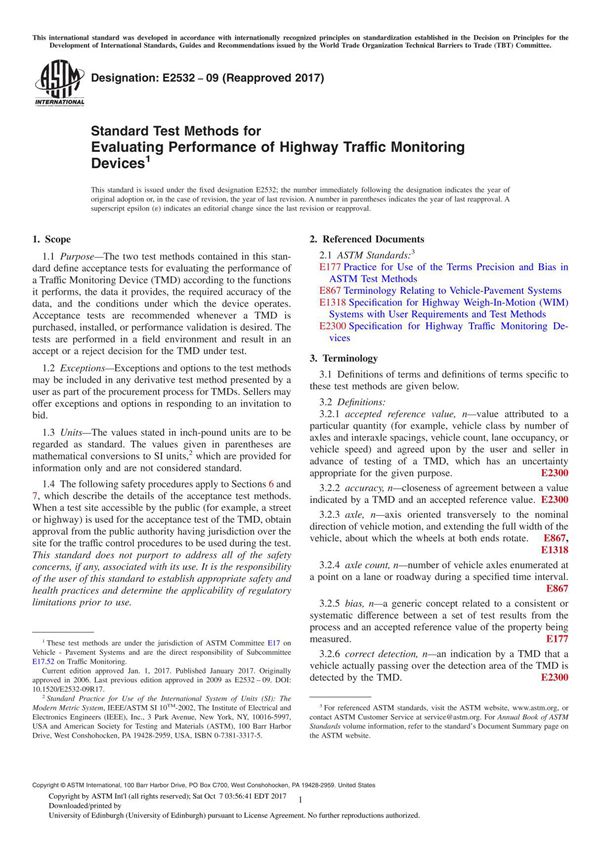 ASTM E2532-09(2017) Standard Test Methods for Evaluating Performance of Highway Traffic Monitoring Device