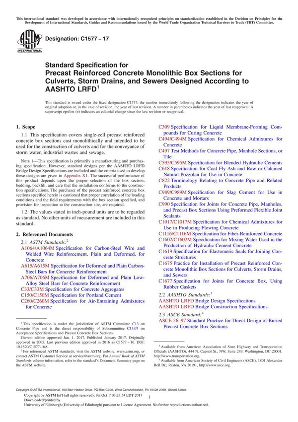 ASTM C1577-17 Standard Specification for Precast Reinforced Concrete Monolithic Box Sections for Culverts, Storm Drains, and Sew
