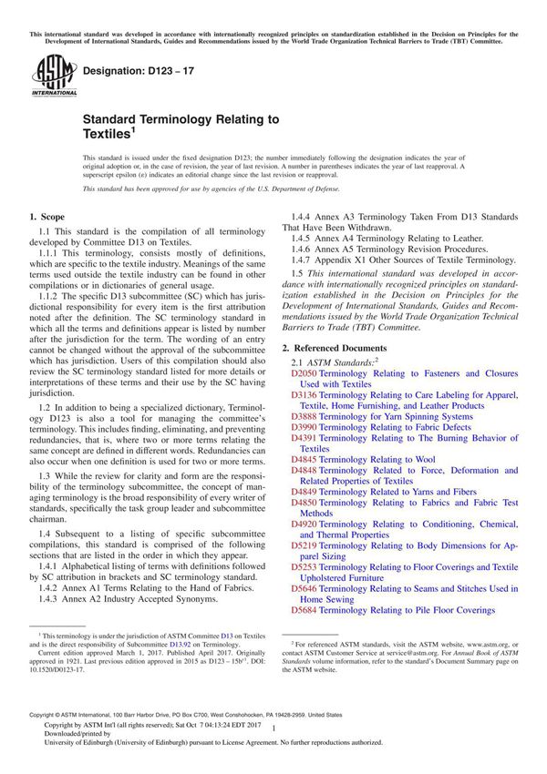 ASTM D123-17 Standard Terminology Relating to Textile