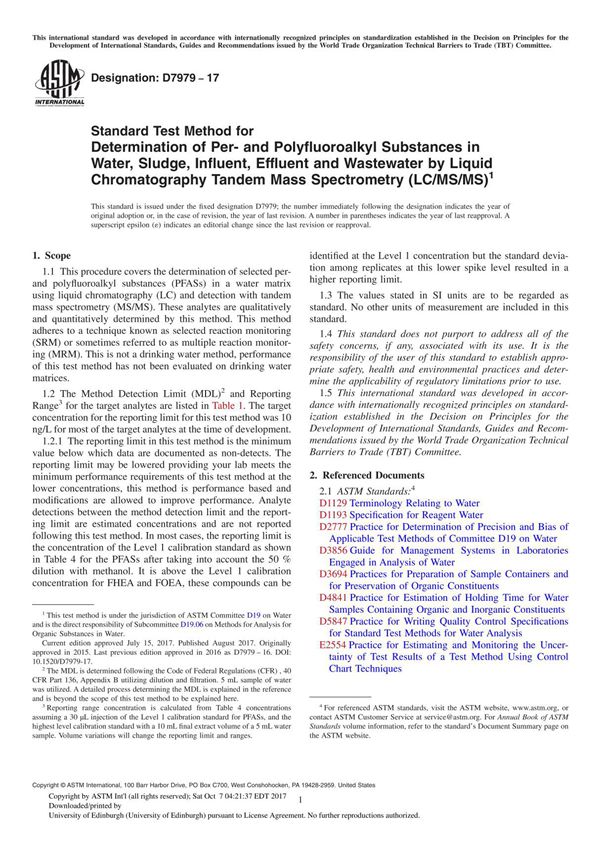 ASTM D7979-17 Standard Test Method for Determination of Per- and Polyfluoroalkyl Substances in Water, Sludge, Influent, Effluent