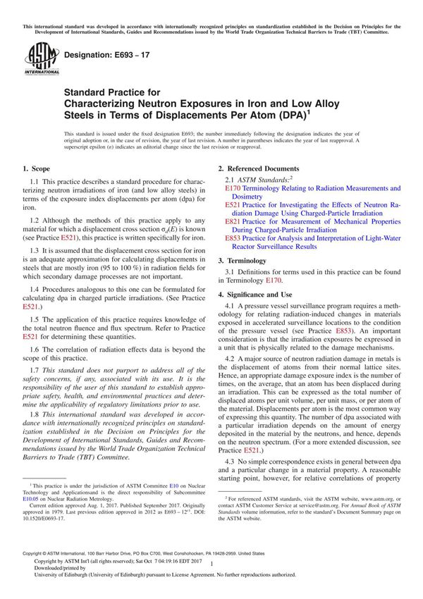 ASTM E693-17 Standard Practice for Characterizing Neutron Exposures in Iron and Low Alloy Steels in Terms of Displacements Per A