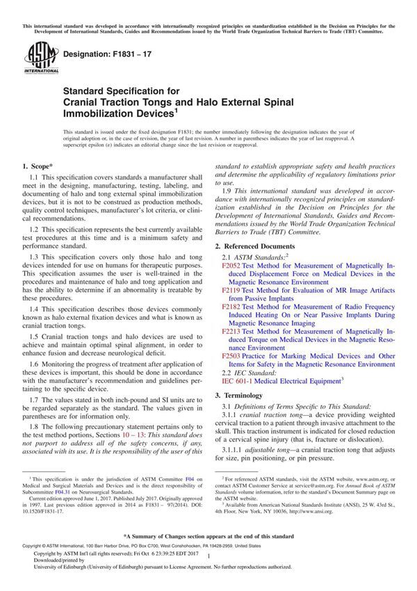 ASTM F1831-17 Standard Specification for Cranial Traction Tongs and Halo External Spinal Immobilization Device