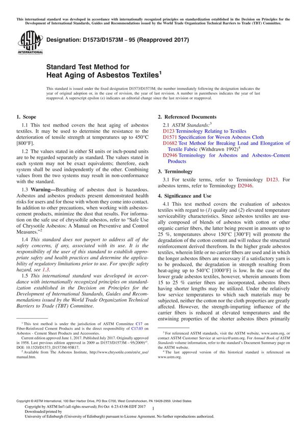 ASTM D1573 D1573M-95(2017) Standard Test Method for Heat Aging of Asbestos Textile