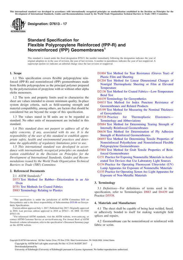 ASTM D7613-17 Standard Specification for Flexible Polypropylene Reinforced (fPP-R) and Nonreinforced (fPP) Geomembrane