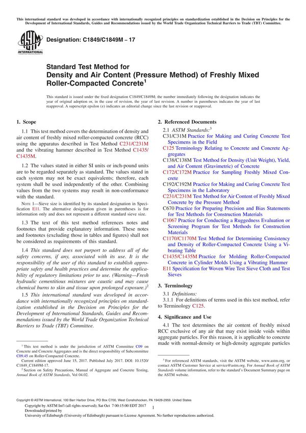 ASTM C1849 C1849M-17 Standard Test Method for Density and Air Content (Pressure Method) of Freshly Mixed Roller-Compacted Concre