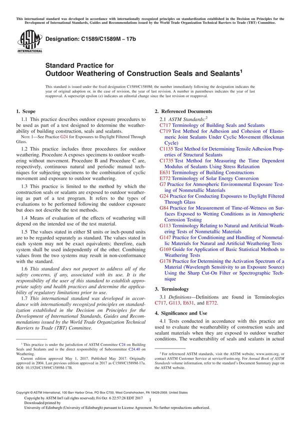 ASTM C1589 C1589M-17b Standard Practice for Outdoor Weathering of Construction Seals and Sealant