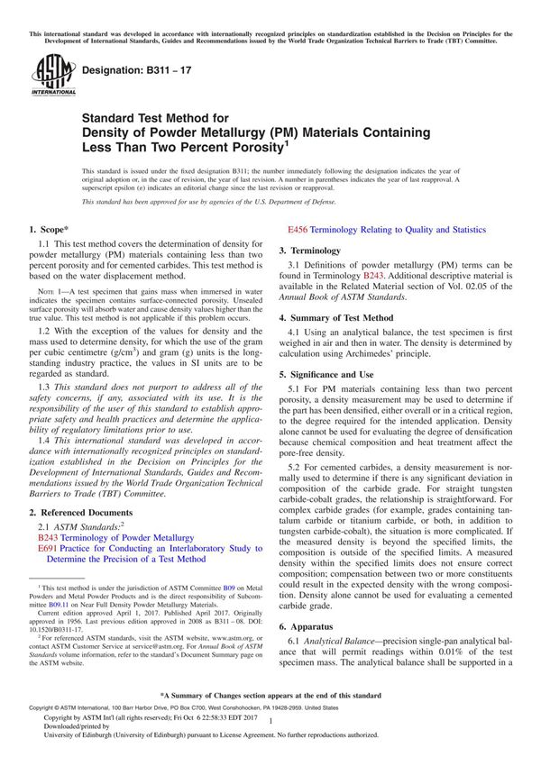 ASTM B311-17 Standard Test Method for Density of Powder Metallurgy (PM) Materials Containing Less Than Two Percent Porosity