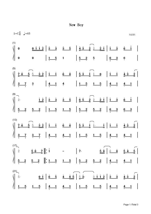 钢琴谱 New Boy-C调简单版-是的我看见到处是阳光快乐在城市上空飘扬-抖音 双手简谱 共3张(全)