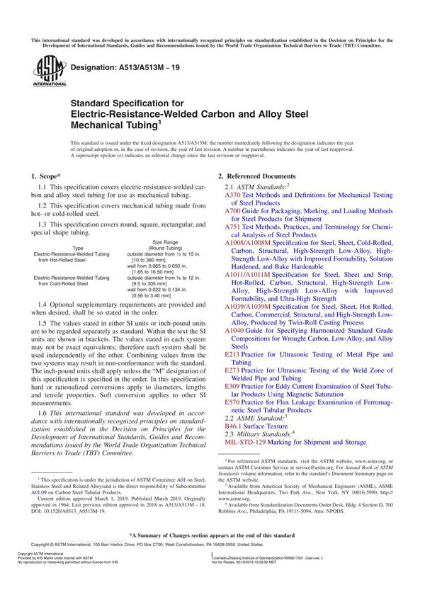 ASTM A513 A513M-2019 Standard Specification for Electric-Resistance-Welded Carbon and Alloy Steel Me