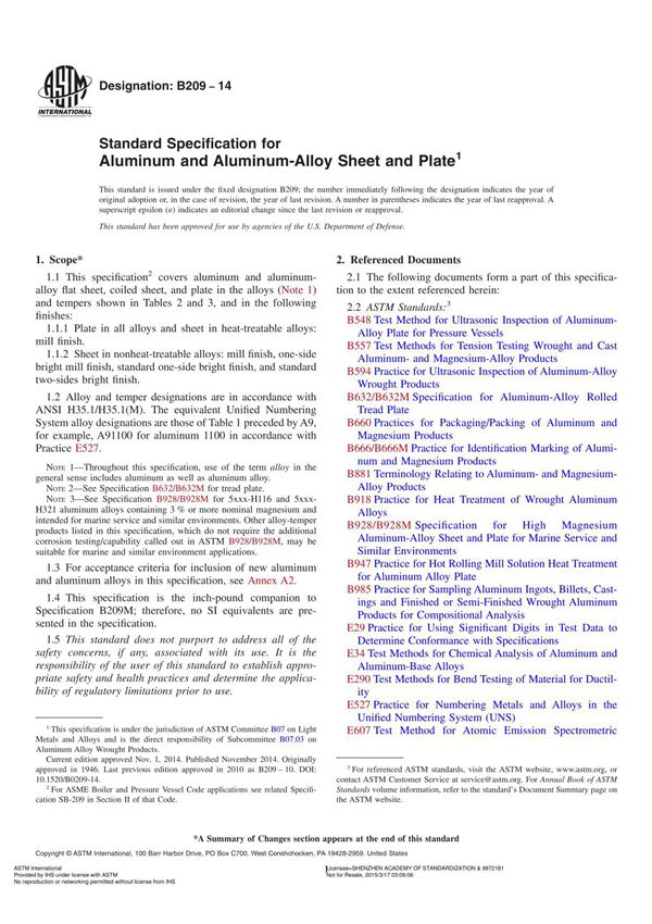 ASTM B209-2014Standard Specification for Aluminum and Aluminum-Alloy Sheet and Plate