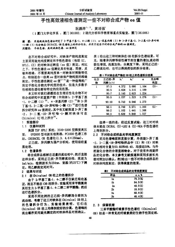 手性高效液相色谱测定一些不对称合成产物ee值