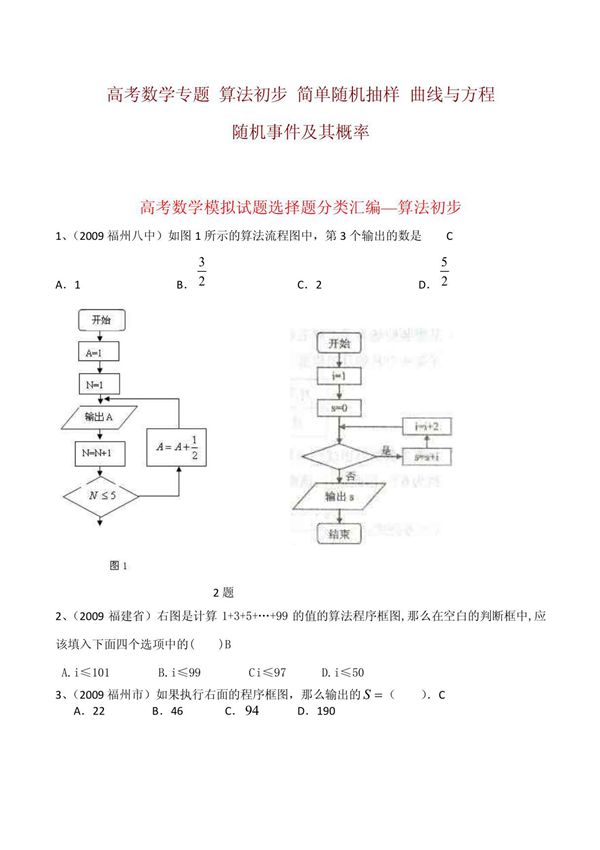 2011高三数学专题复习 算法初步 简单随机抽样 随机事件及其概率 曲线与方程的四大专题复习试题及详解答案