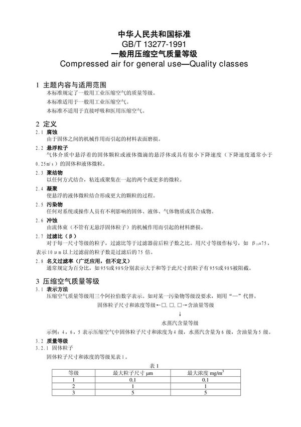 一般用压缩空气质量等级 GB13277-91