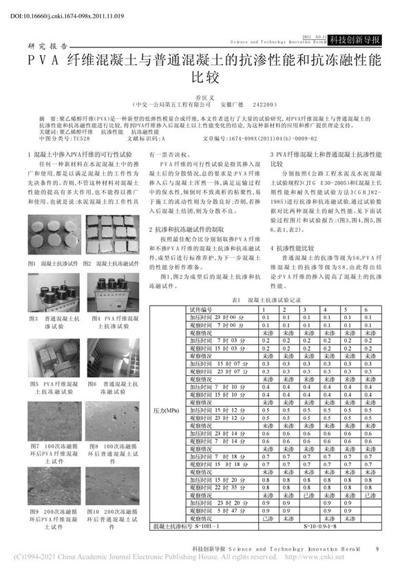 PVA纤维混凝土与普通混凝土的抗渗性能和抗冻融性能比较 乔匡义