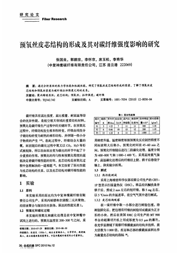 预氧丝皮芯结构的形成及其对碳纤维强度影响的研究