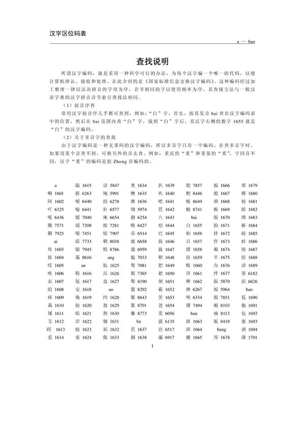 汉字区位码对照表