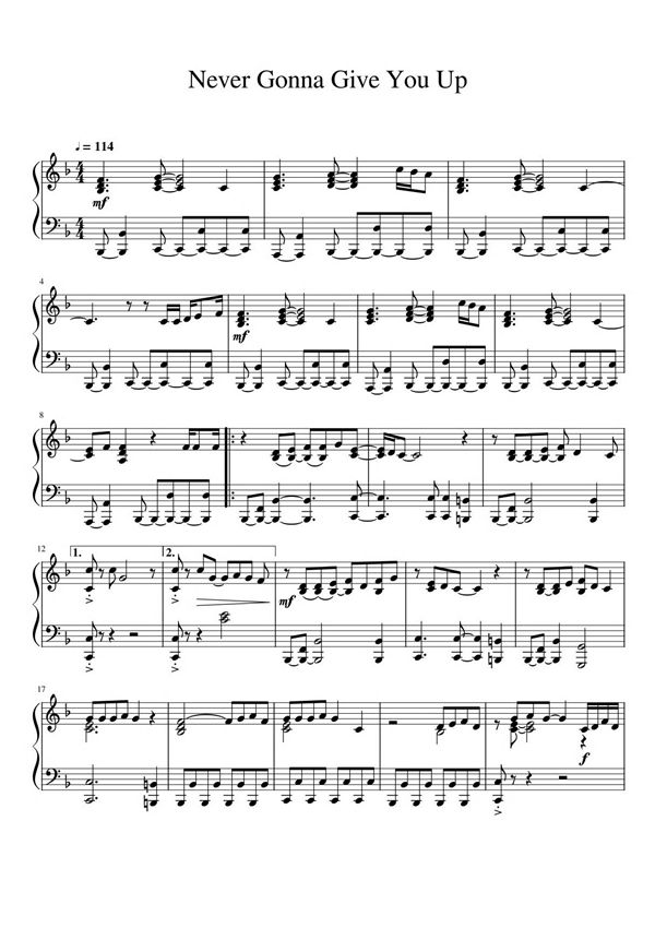 《Never Gonna Give You Up》 迪斯科风格钢琴曲谱双手数字简谱