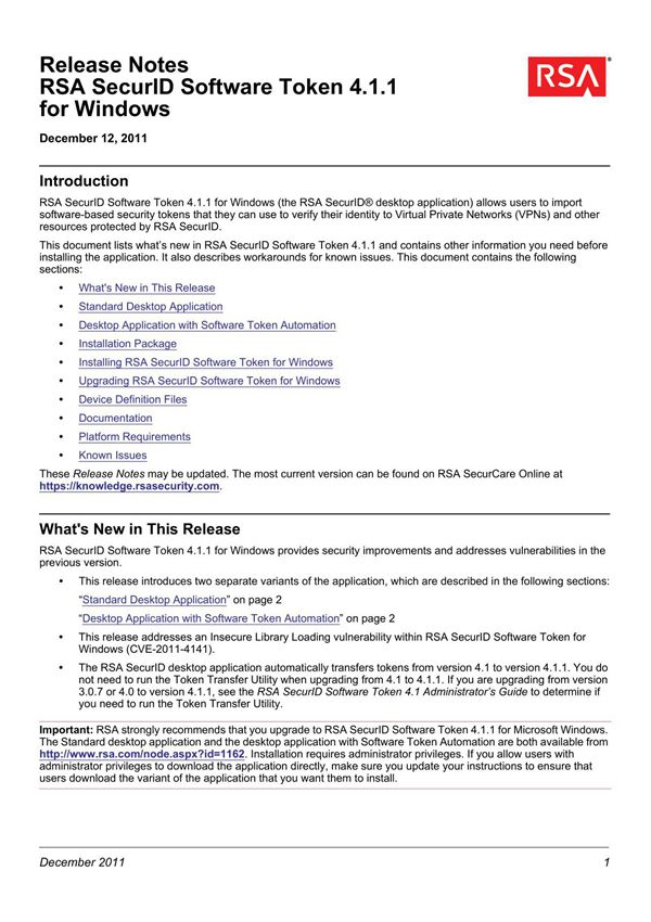 RSA SecurID Software Tokens for Windows Release