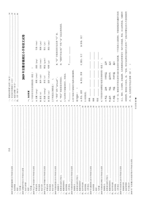 小升初语文真题试卷十套