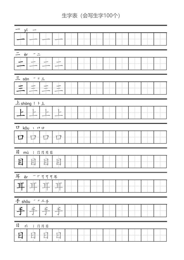 最新部编版一年级语文上册生字表会写的字(100个)