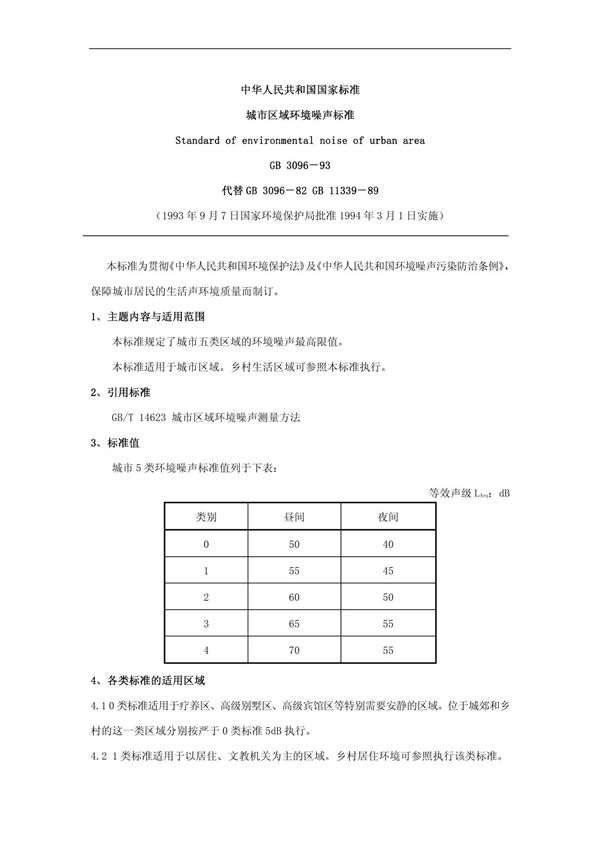 GB 3096-93中华人民共和国城市区域环境噪声标准