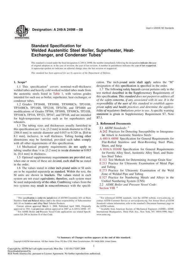 (正版) ASTM A249-08 锅炉 过热器 换热器和冷凝器用焊接奥氏体钢管标准规范Standard Specification for Welded Austenitic Steel Boiler